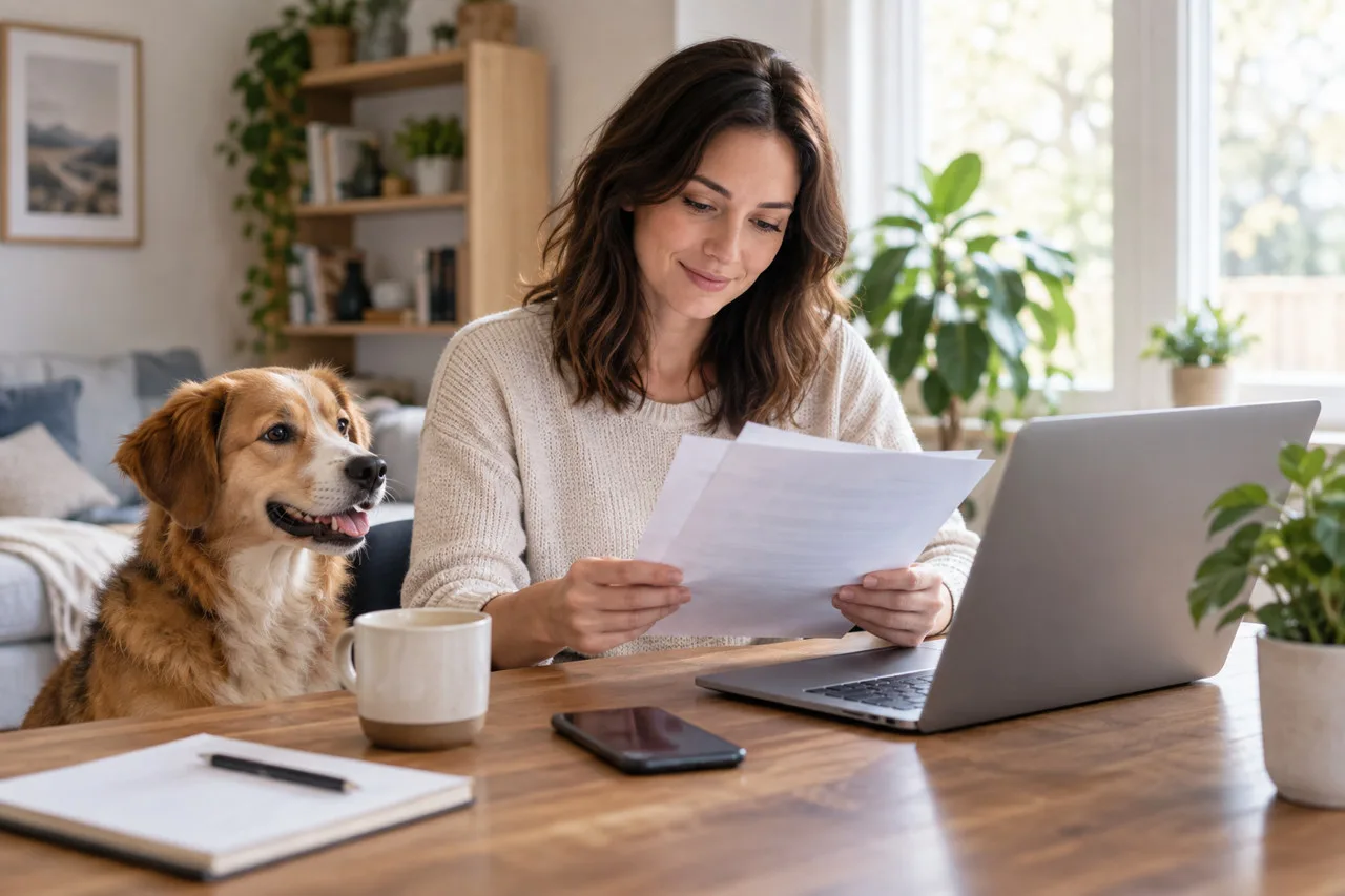 Owner reading documents with a dog nearby