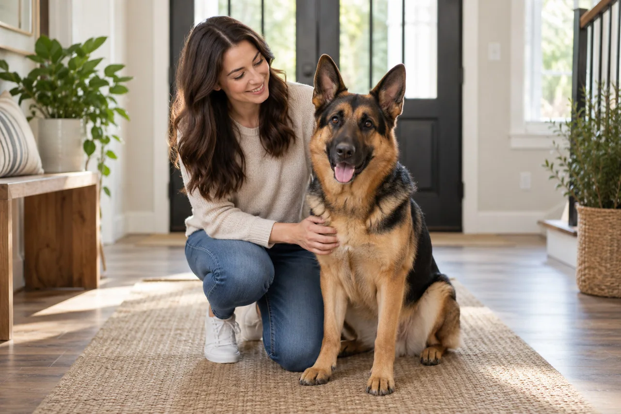 Owner sitting indoors beside a dog